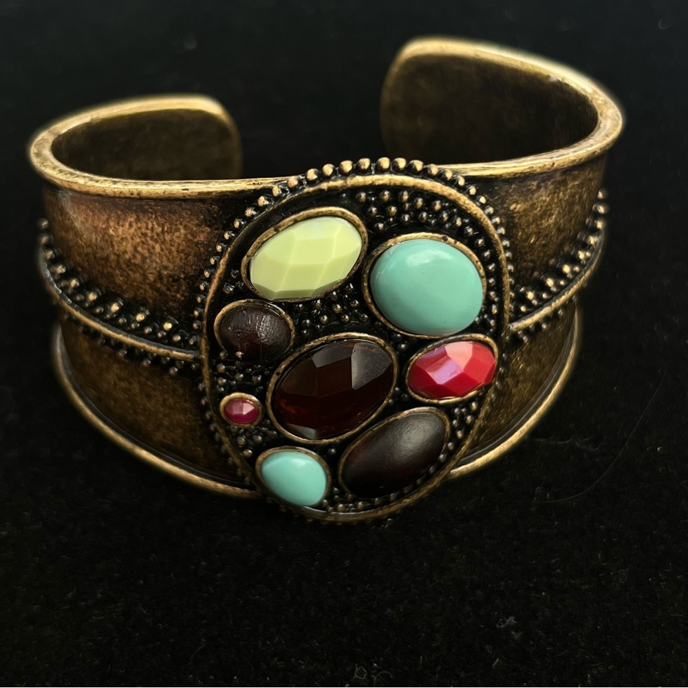 Lucky You Vintage inspired Gold-Tone Cuff Bracelet with Multicolor Stones
